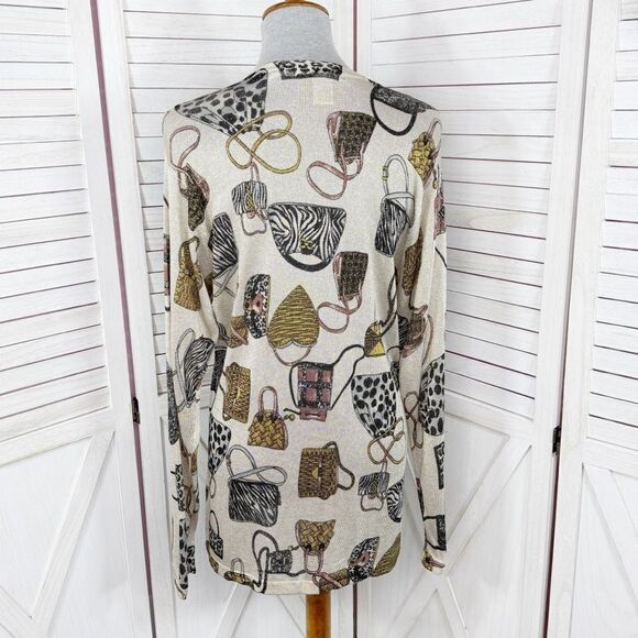 XXist Shimmer Purses Print Button Up Cardigan Sweater Gold Tan Multi Large - Picture 5 of 13